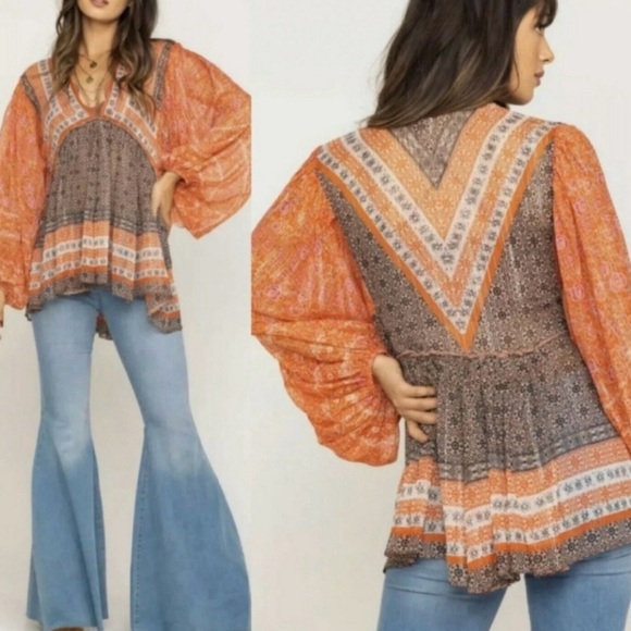 Free People Boho Tunic Mini Dress Orange Black Gold V-Neck Balloon Sleeve Size L - Picture 9 of 11